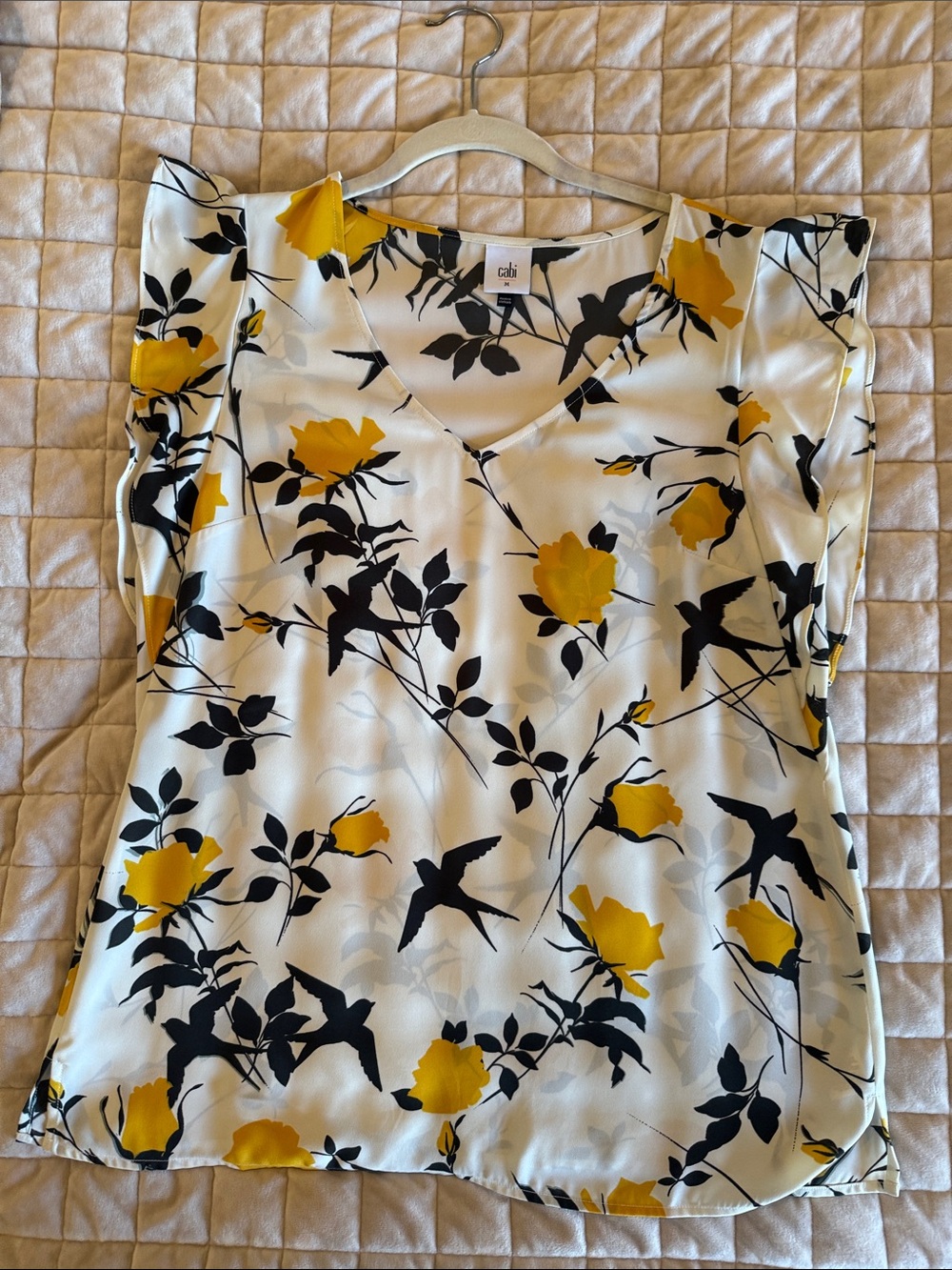 CAbi White Blouse with Yellow Floral & Black Bird Print